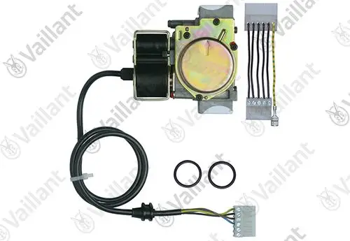 Vaillant Gasarmatur mit Motor und Kabelanschlüssen, zwei O-Ringen darunter, zur Verwendung in Heizungsanlagen.